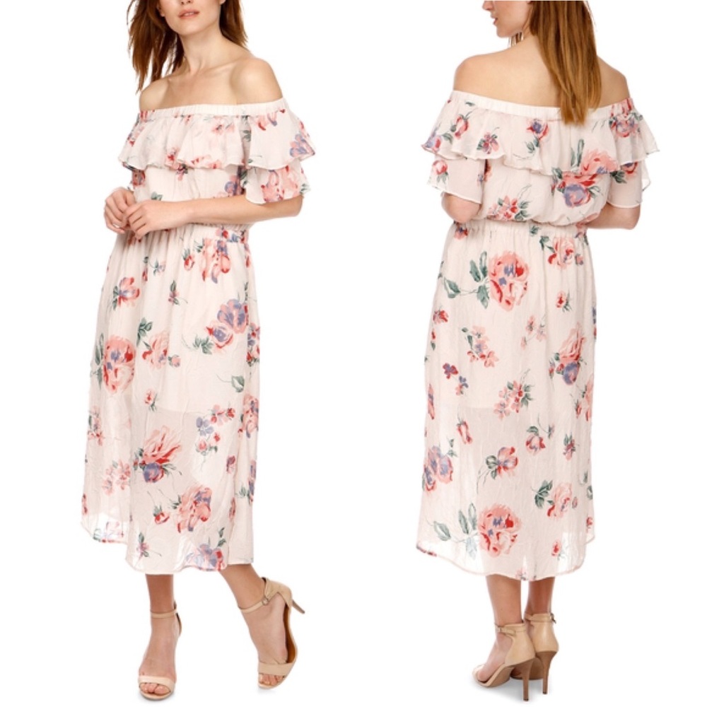 Lucky Brand Dress Floral Midi Dress Off the Shoulder Boho Ruffle Size Large